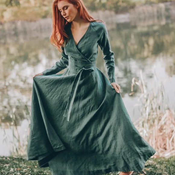 Handmade linen maxi dress with removable obi belt - Picture 2 of 11